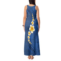 Polynesian Hibiscus and Plumeria with Tapa Pattern Tank Maxi Dress Blue Color