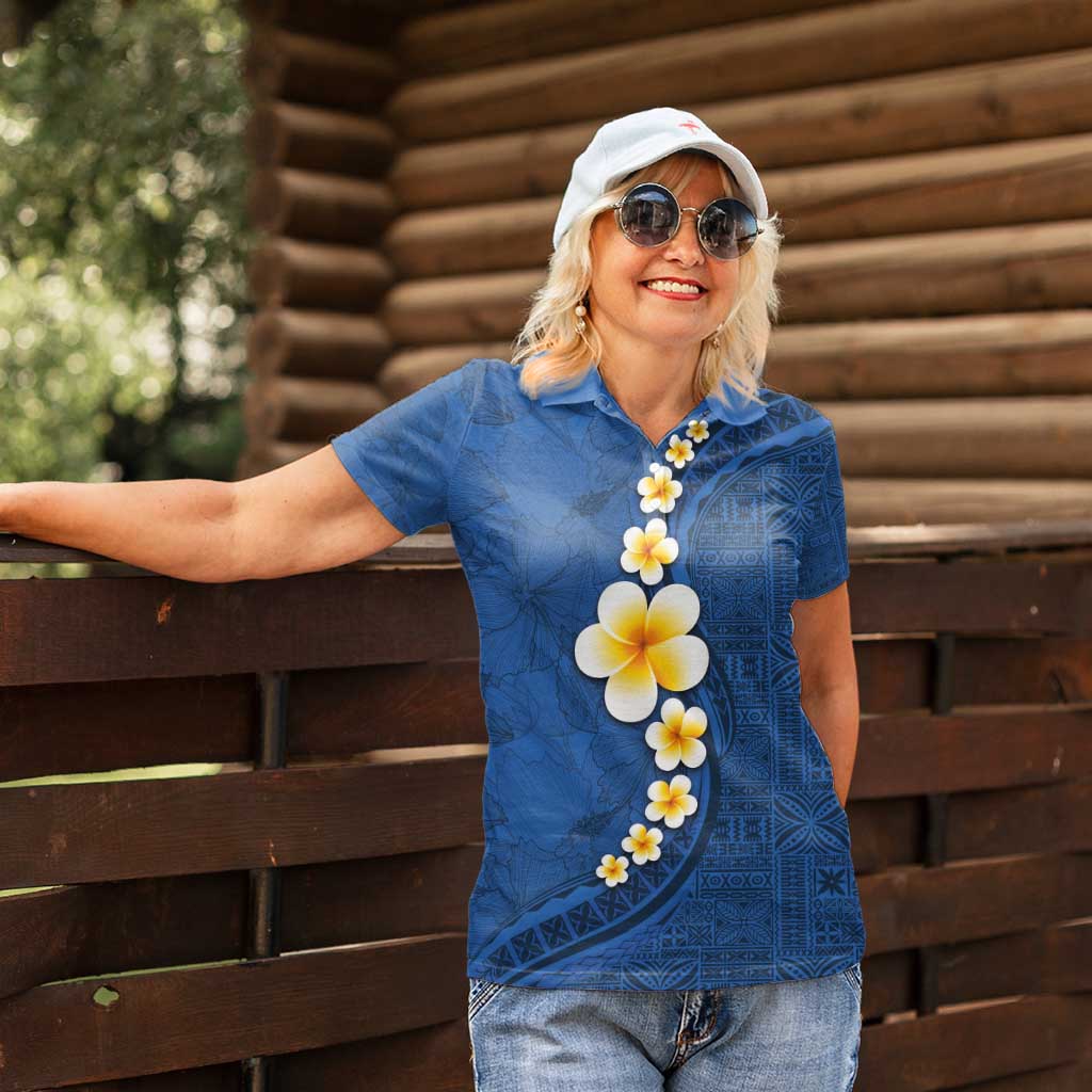 Polynesian Hibiscus and Plumeria with Tapa Pattern Women Polo Shirt Blue Color