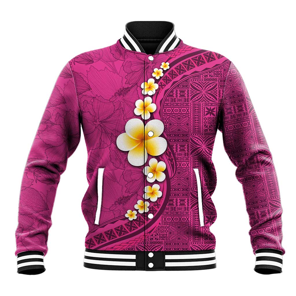 Polynesian Hibiscus and Plumeria with Tapa Pattern Baseball Jacket Pink Color