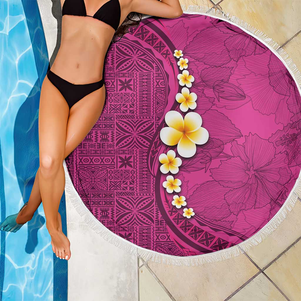 Polynesian Hibiscus and Plumeria with Tapa Pattern Beach Blanket Pink Color