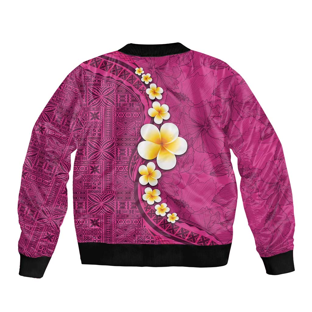 Polynesian Hibiscus and Plumeria with Tapa Pattern Bomber Jacket Pink Color