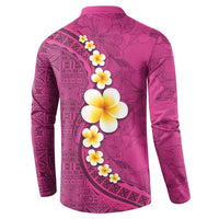 Polynesian Hibiscus and Plumeria with Tapa Pattern Button Sweatshirt Pink Color