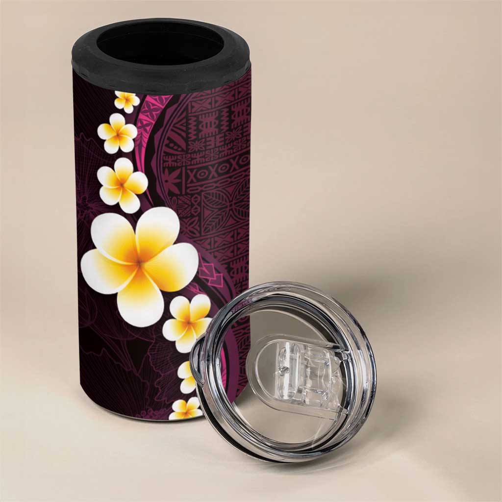 Polynesian Hibiscus and Plumeria with Tapa Pattern 4 in 1 Can Cooler Tumbler Pink Color
