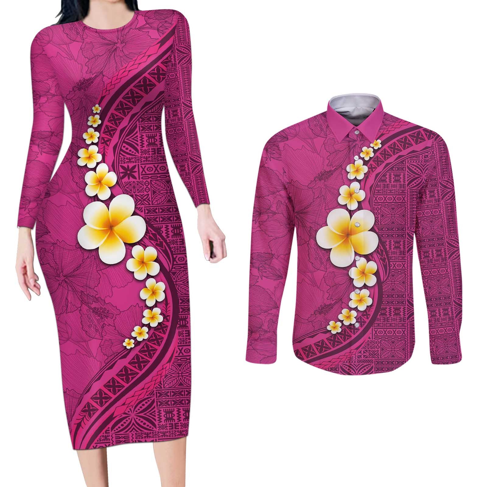Polynesian Hibiscus and Plumeria with Tapa Pattern Couples Matching Long Sleeve Bodycon Dress and Long Sleeve Button Shirt Pink Color