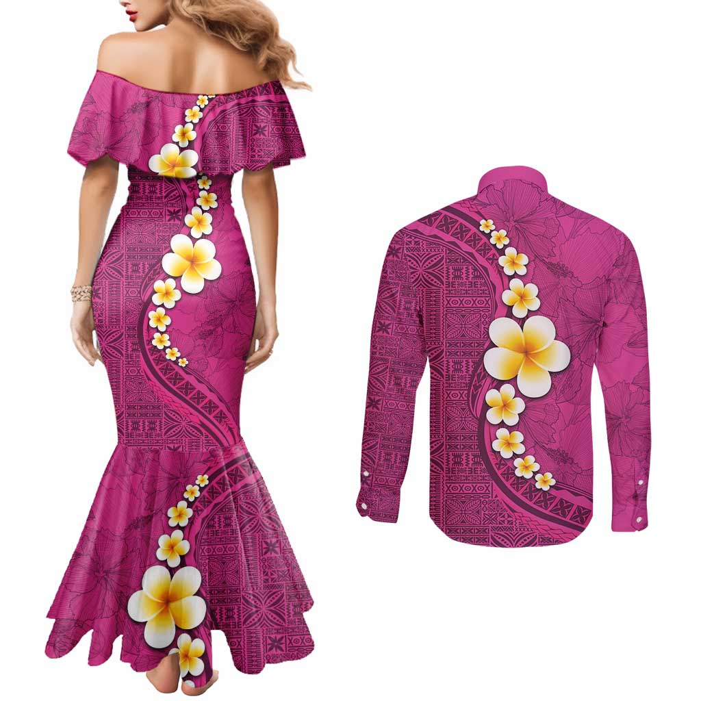 Polynesian Hibiscus and Plumeria with Tapa Pattern Couples Matching Mermaid Dress and Long Sleeve Button Shirt Pink Color