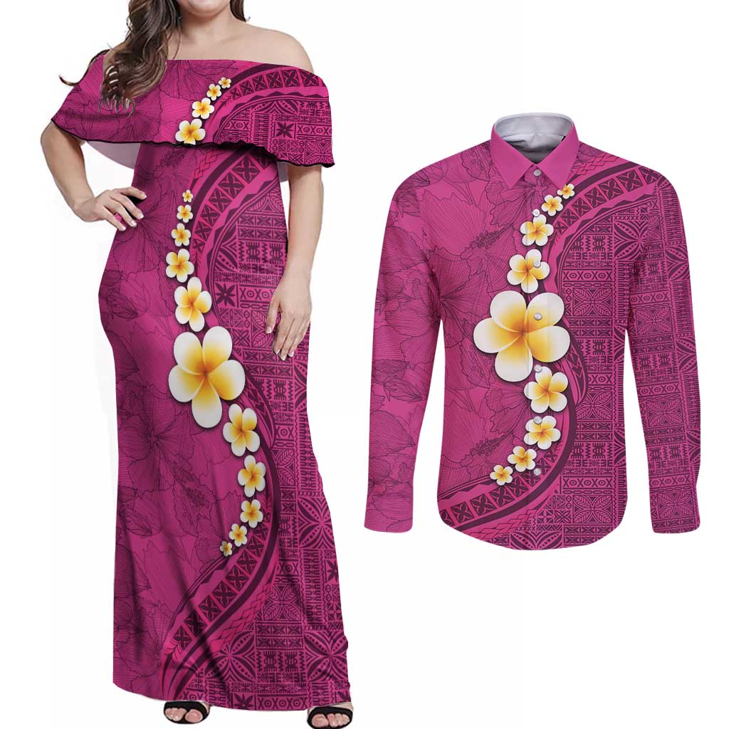 Polynesian Hibiscus and Plumeria with Tapa Pattern Couples Matching Off Shoulder Maxi Dress and Long Sleeve Button Shirt Pink Color LT03 Pink - Polynesian Pride
