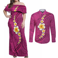 Polynesian Hibiscus and Plumeria with Tapa Pattern Couples Matching Off Shoulder Maxi Dress and Long Sleeve Button Shirt Pink Color LT03 Pink - Polynesian Pride