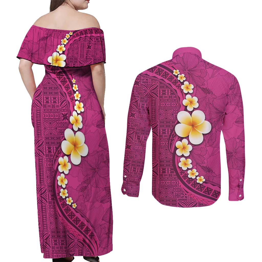 Polynesian Hibiscus and Plumeria with Tapa Pattern Couples Matching Off Shoulder Maxi Dress and Long Sleeve Button Shirt Pink Color LT03 - Polynesian Pride