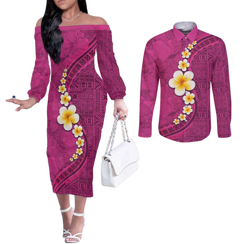 Polynesian Hibiscus and Plumeria with Tapa Pattern Couples Matching Off The Shoulder Long Sleeve Dress and Long Sleeve Button Shirt Pink Color