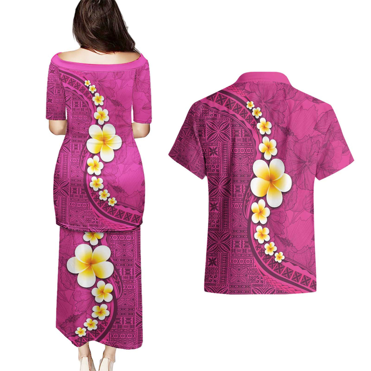 Polynesian Hibiscus and Plumeria with Tapa Pattern Couples Matching Puletasi and Hawaiian Shirt Pink Color LT03 - Polynesian Pride