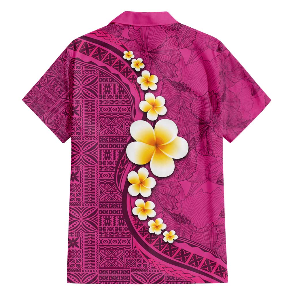 Polynesian Hibiscus and Plumeria with Tapa Pattern Family Matching Long Sleeve Bodycon Dress and Hawaiian Shirt Pink Color