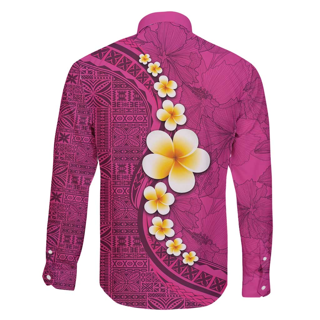 Polynesian Hibiscus and Plumeria with Tapa Pattern Family Matching Long Sleeve Bodycon Dress and Hawaiian Shirt Pink Color