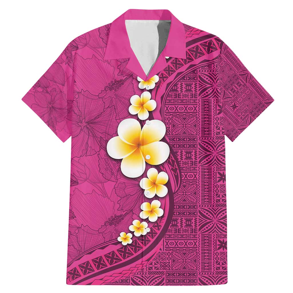 Polynesian Hibiscus and Plumeria with Tapa Pattern Family Matching Mermaid Dress and Hawaiian Shirt Pink Color