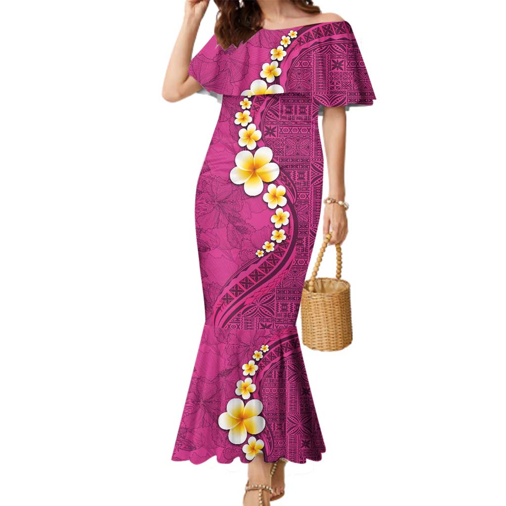 Polynesian Hibiscus and Plumeria with Tapa Pattern Family Matching Mermaid Dress and Hawaiian Shirt Pink Color