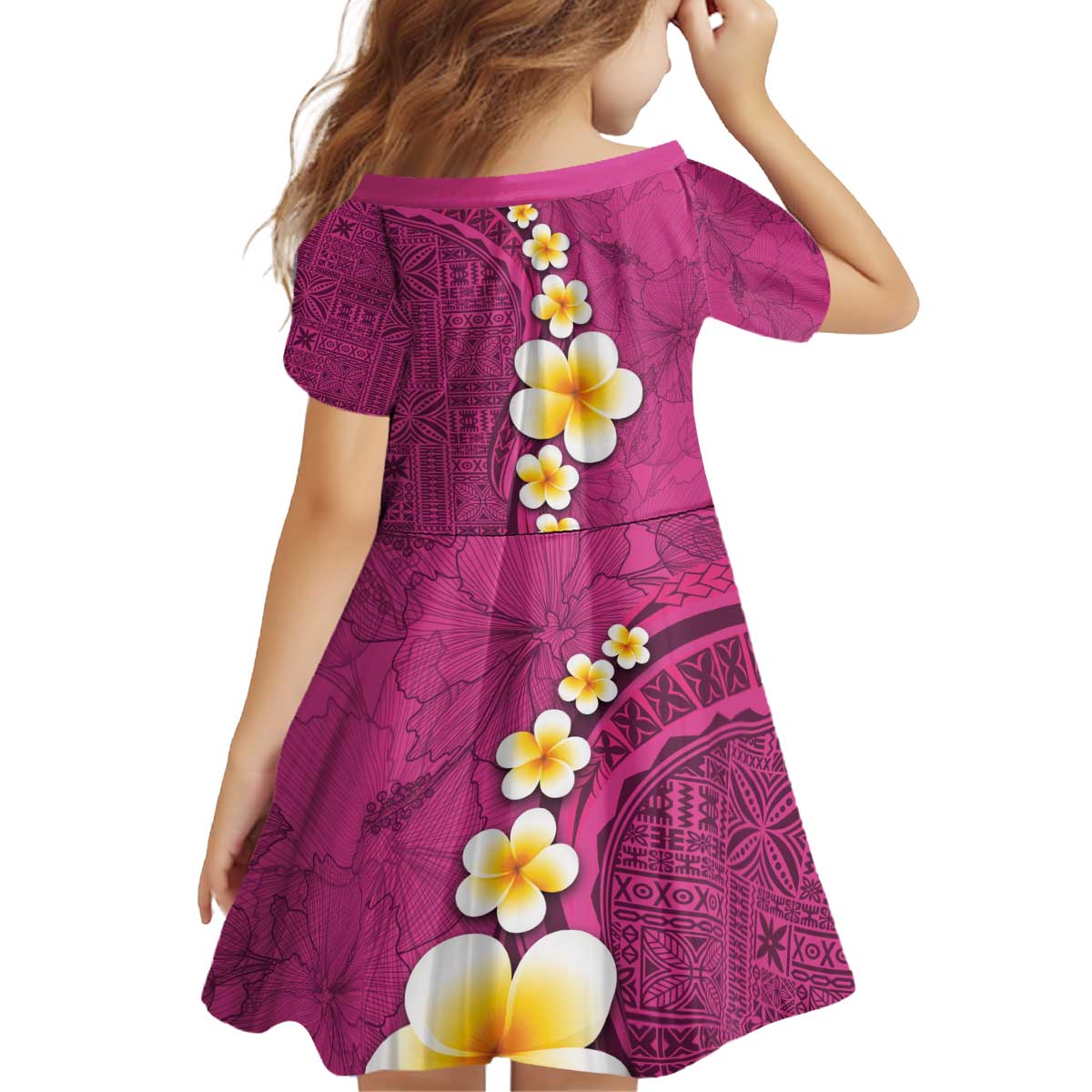 Polynesian Hibiscus and Plumeria with Tapa Pattern Family Matching Off Shoulder Short Dress and Hawaiian Shirt Pink Color