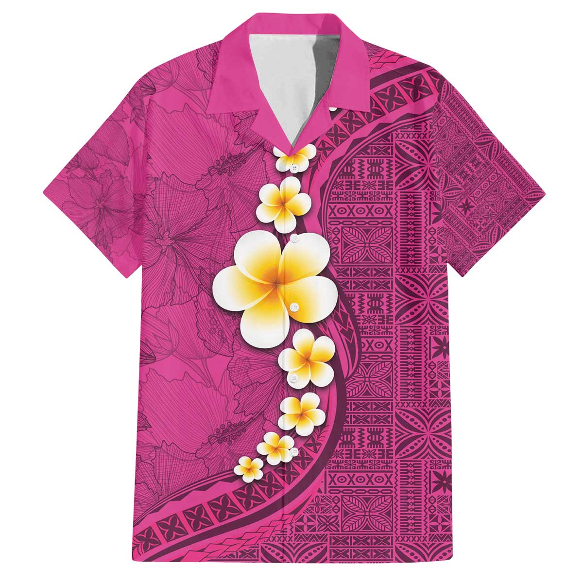 Polynesian Hibiscus and Plumeria with Tapa Pattern Family Matching Off Shoulder Short Dress and Hawaiian Shirt Pink Color