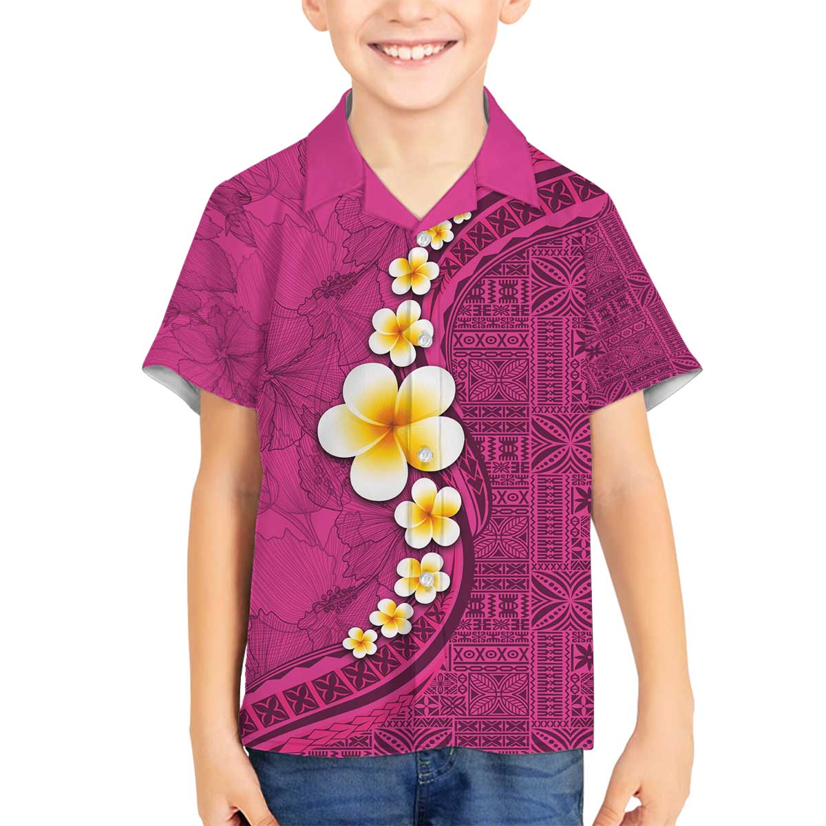 Polynesian Hibiscus and Plumeria with Tapa Pattern Family Matching Off Shoulder Short Dress and Hawaiian Shirt Pink Color