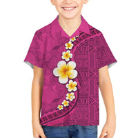 Polynesian Hibiscus and Plumeria with Tapa Pattern Family Matching Off Shoulder Short Dress and Hawaiian Shirt Pink Color