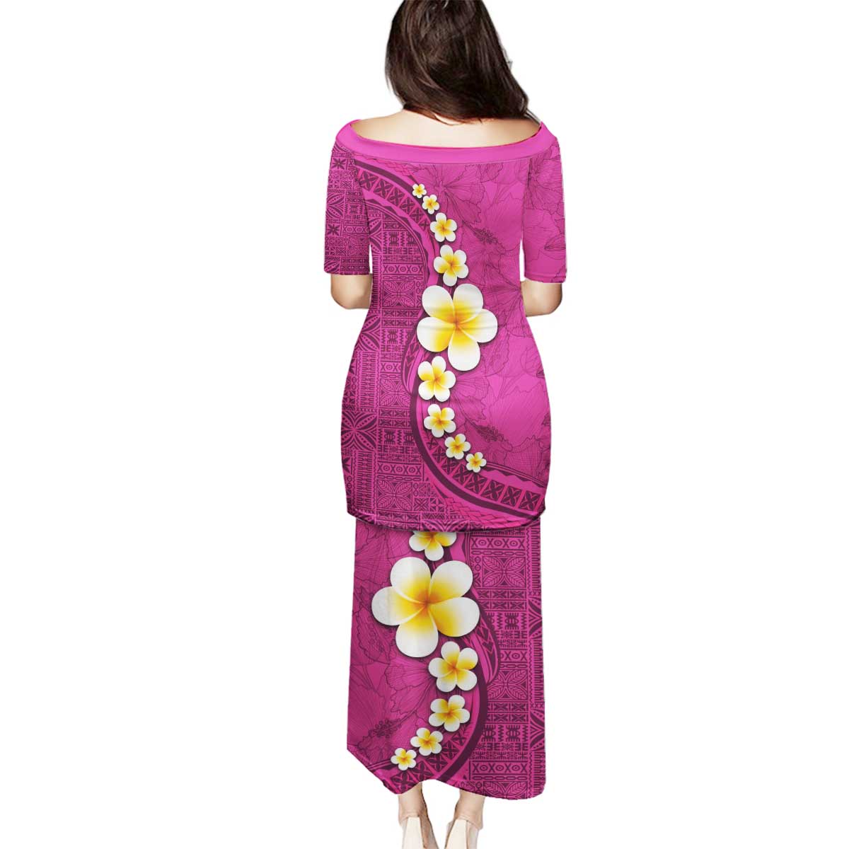 Polynesian Hibiscus and Plumeria with Tapa Pattern Family Matching Puletasi and Hawaiian Shirt Pink Color