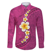 Polynesian Hibiscus and Plumeria with Tapa Pattern Family Matching Summer Maxi Dress and Hawaiian Shirt Pink Color