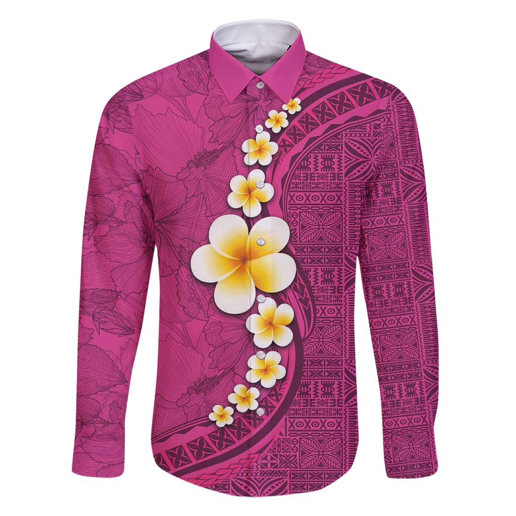 Polynesian Hibiscus and Plumeria with Tapa Pattern Family Matching Tank Maxi Dress and Hawaiian Shirt Pink Color