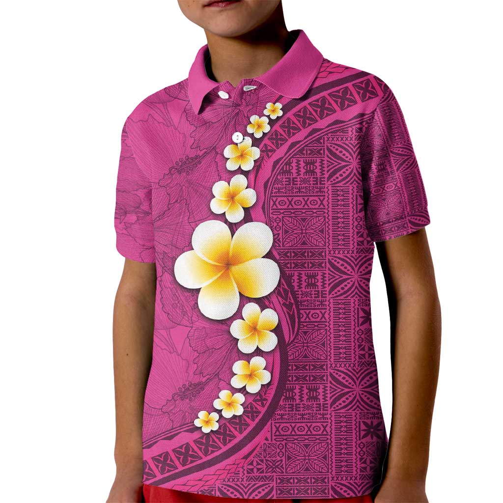Polynesian Hibiscus and Plumeria with Tapa Pattern Kid Polo Shirt Pink Color