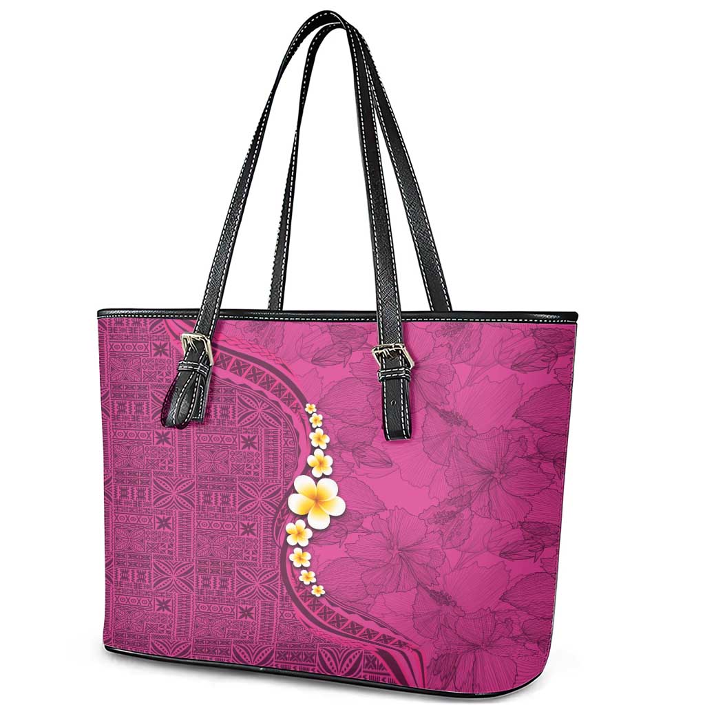 Polynesian Hibiscus and Plumeria with Tapa Pattern Leather Tote Bag Pink Color