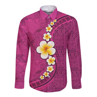 Polynesian Hibiscus and Plumeria with Tapa Pattern Long Sleeve Button Shirt Pink Color