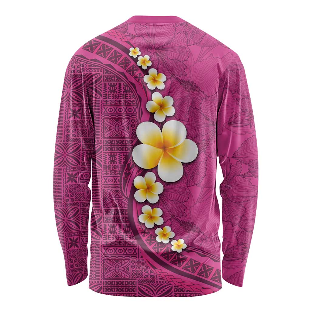Polynesian Hibiscus and Plumeria with Tapa Pattern Long Sleeve Shirt Pink Color