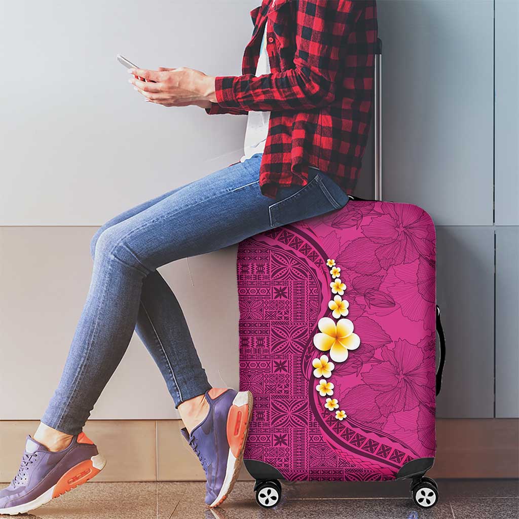 Polynesian Hibiscus and Plumeria with Tapa Pattern Luggage Cover Pink Color