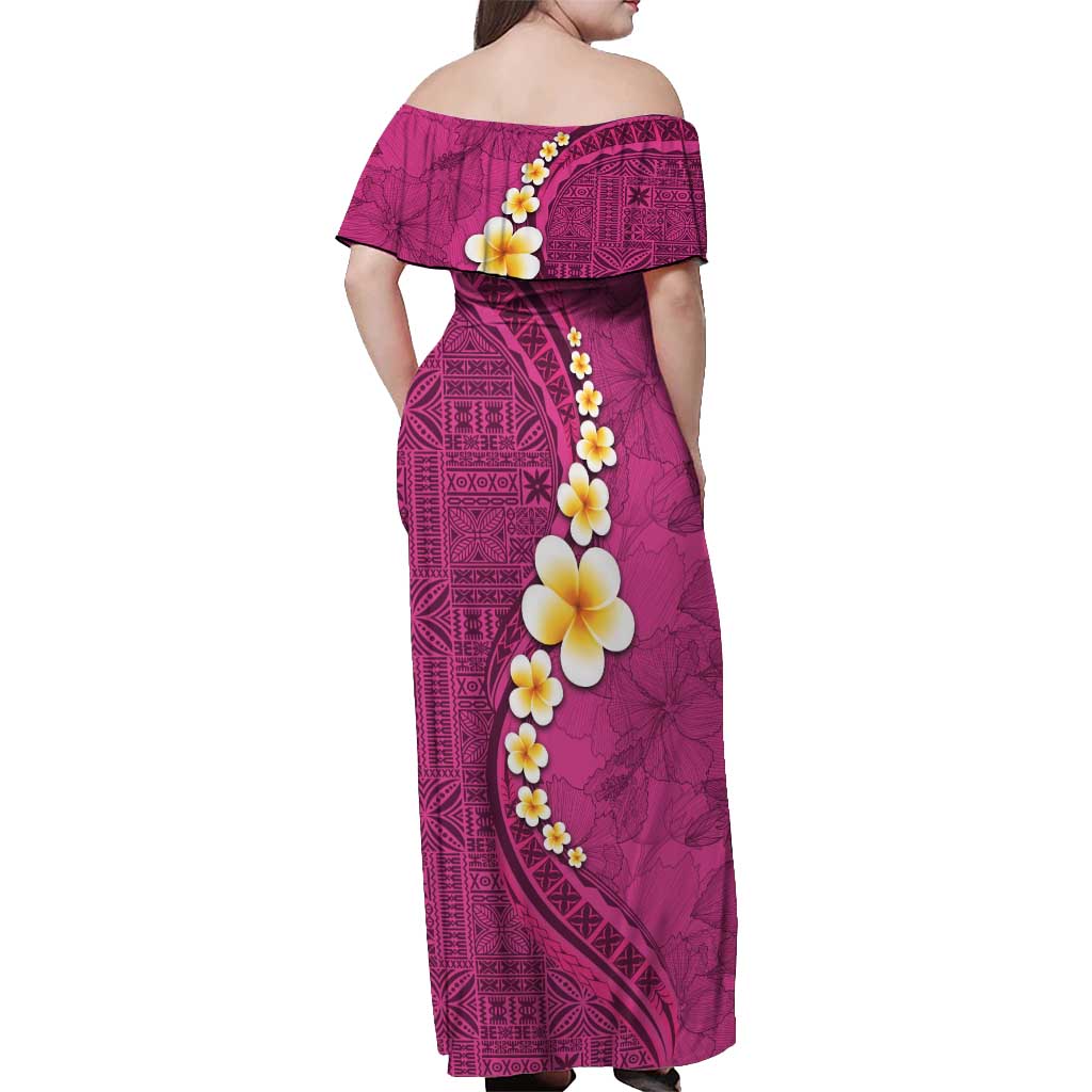Polynesian Hibiscus and Plumeria with Tapa Pattern Off Shoulder Maxi Dress Pink Color