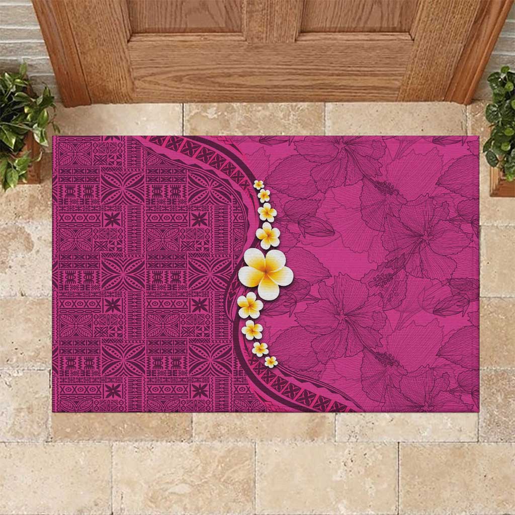 Polynesian Hibiscus and Plumeria with Tapa Pattern Rubber Doormat Pink Color