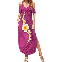 Polynesian Hibiscus and Plumeria with Tapa Pattern Summer Maxi Dress Pink Color