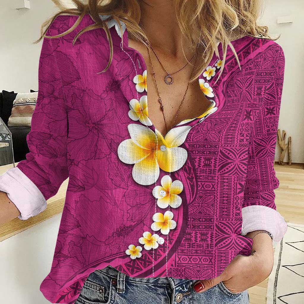 Polynesian Hibiscus and Plumeria with Tapa Pattern Women Casual Shirt Pink Color