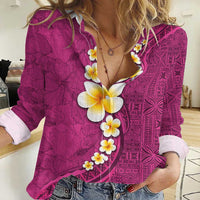 Polynesian Hibiscus and Plumeria with Tapa Pattern Women Casual Shirt Pink Color