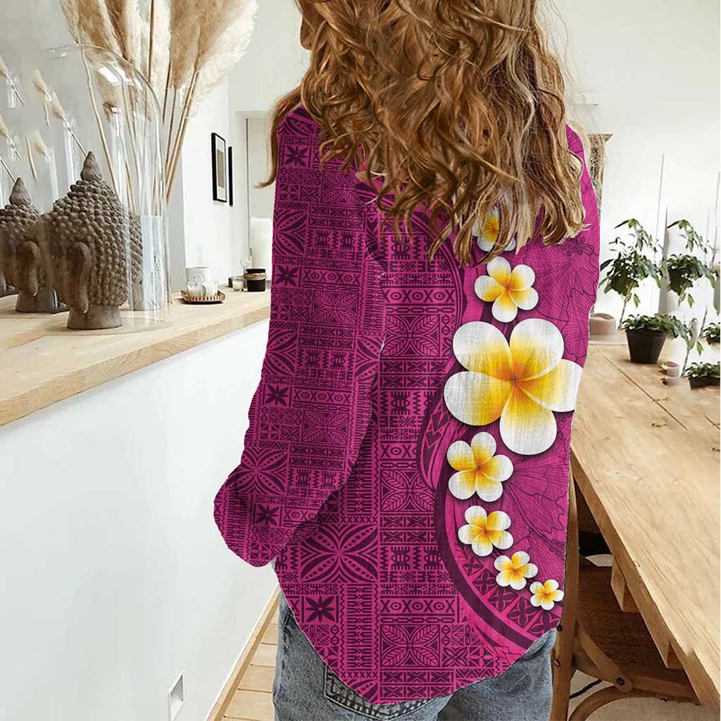 Polynesian Hibiscus and Plumeria with Tapa Pattern Women Casual Shirt Pink Color