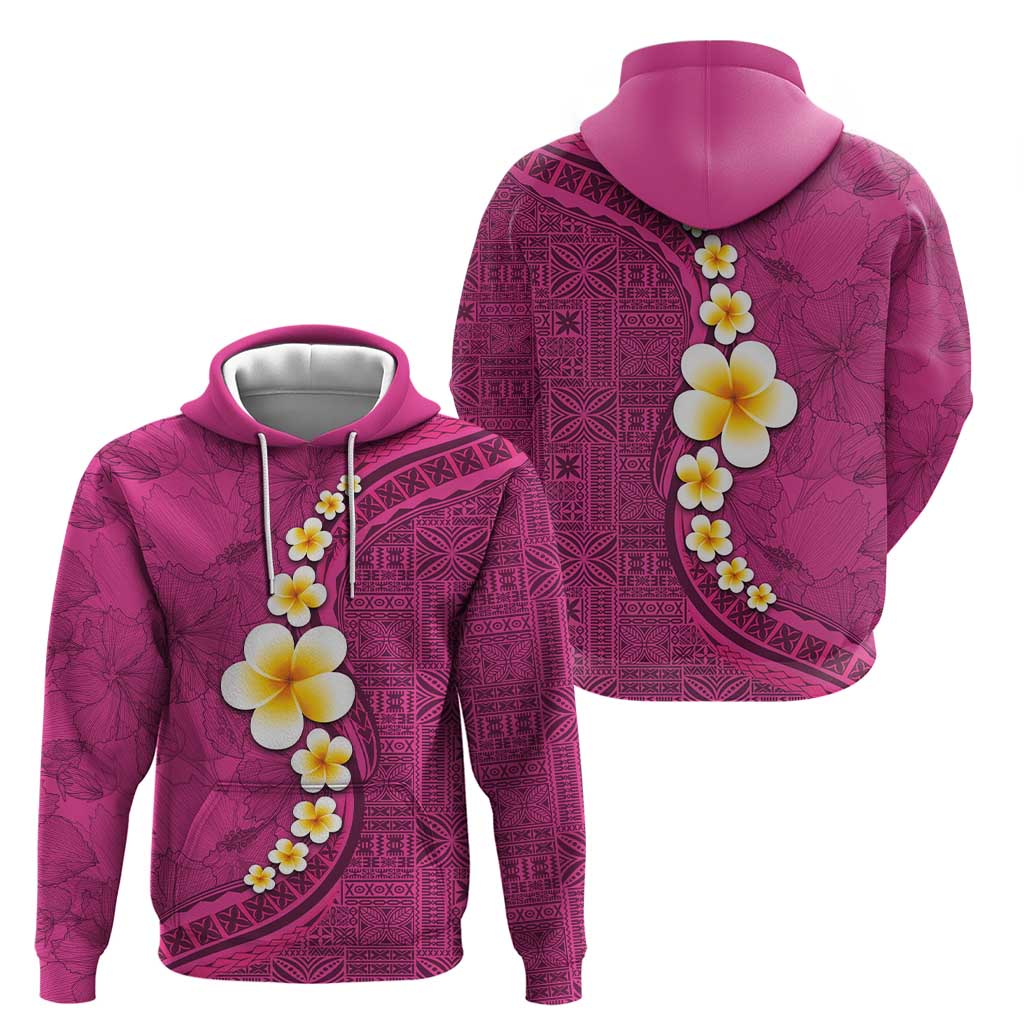 Polynesian Hibiscus and Plumeria with Tapa Pattern Zip Hoodie Pink Color