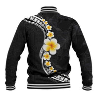 Pacific Hibiscus and Plumeria with Tapa Pattern Baseball Jacket Black Color