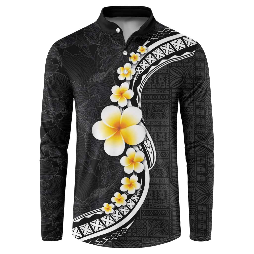 Pacific Hibiscus and Plumeria with Tapa Pattern Button Sweatshirt Black Color