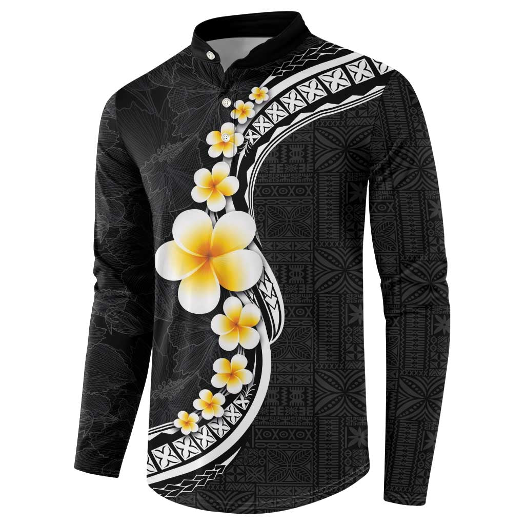 Pacific Hibiscus and Plumeria with Tapa Pattern Button Sweatshirt Black Color