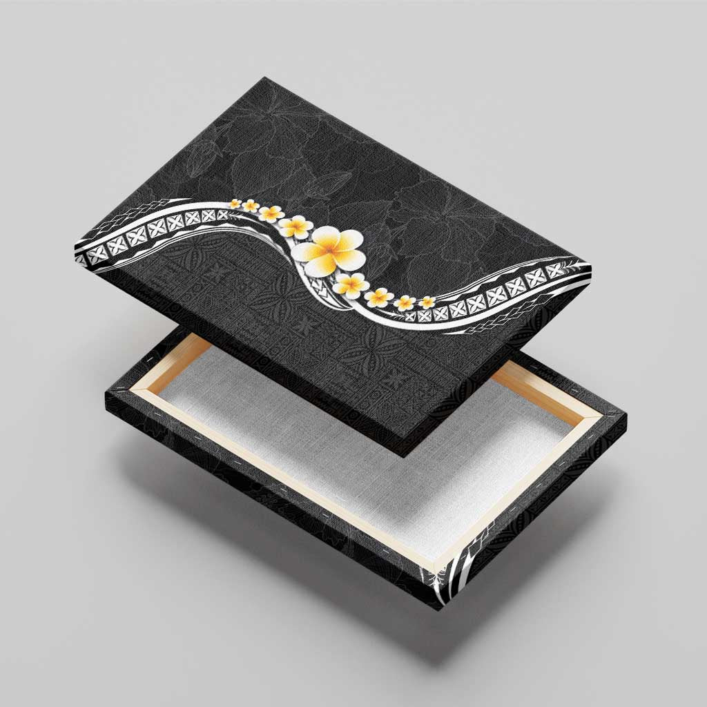 Pacific Hibiscus and Plumeria with Tapa Pattern Canvas Wall Art Black Color