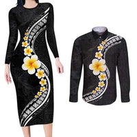 Pacific Hibiscus and Plumeria with Tapa Pattern Couples Matching Long Sleeve Bodycon Dress and Long Sleeve Button Shirt Black Color