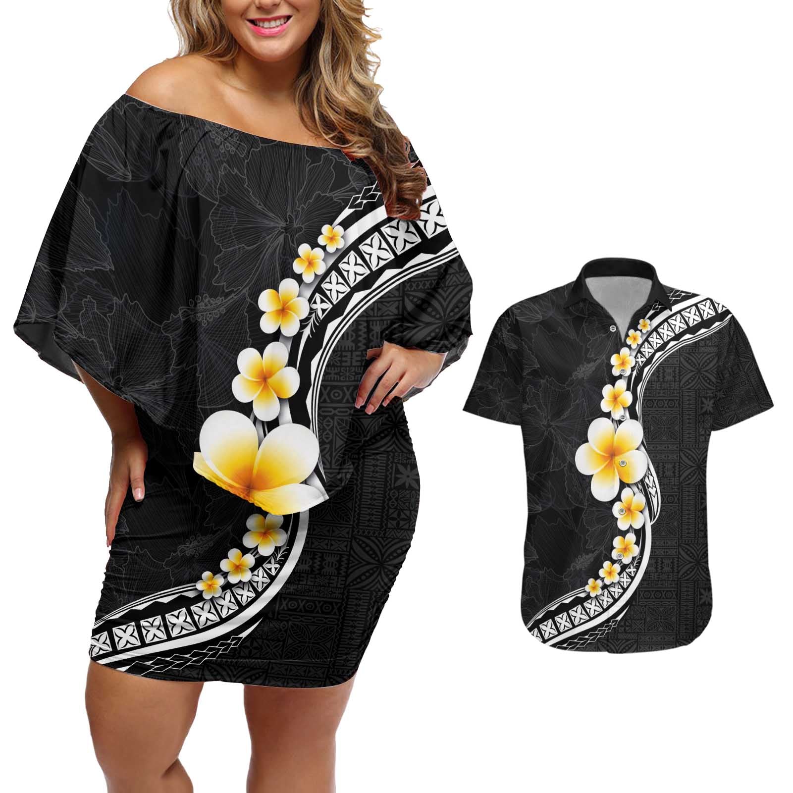 Pacific Hibiscus and Plumeria with Tapa Pattern Couples Matching Off Shoulder Short Dress and Hawaiian Shirt Black Color