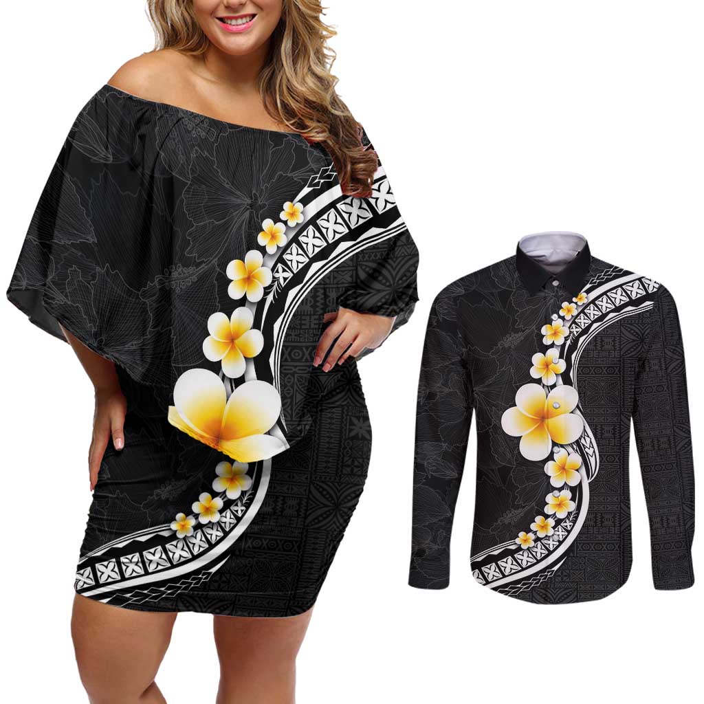 Pacific Hibiscus and Plumeria with Tapa Pattern Couples Matching Off Shoulder Short Dress and Long Sleeve Button Shirt Black Color
