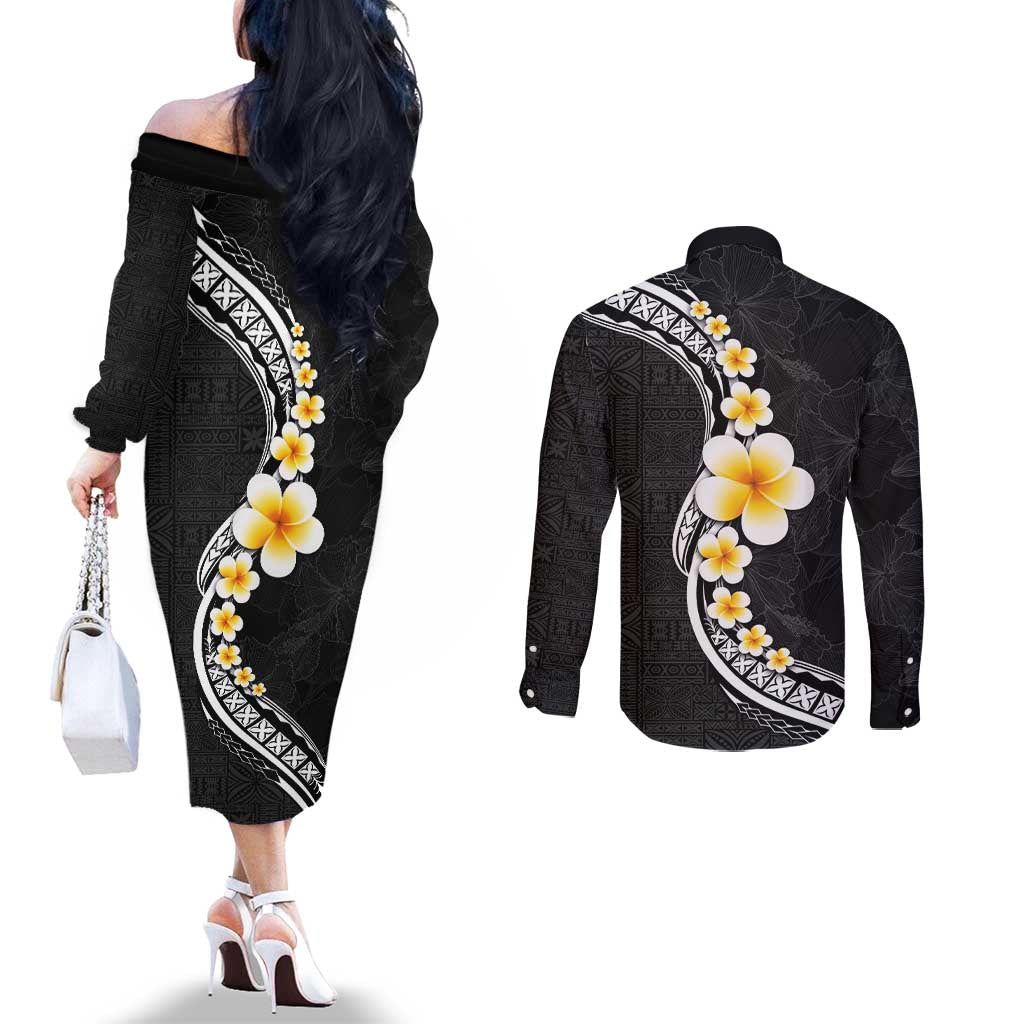 Pacific Hibiscus and Plumeria with Tapa Pattern Couples Matching Off The Shoulder Long Sleeve Dress and Long Sleeve Button Shirt Black Color