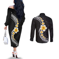 Pacific Hibiscus and Plumeria with Tapa Pattern Couples Matching Off The Shoulder Long Sleeve Dress and Long Sleeve Button Shirt Black Color