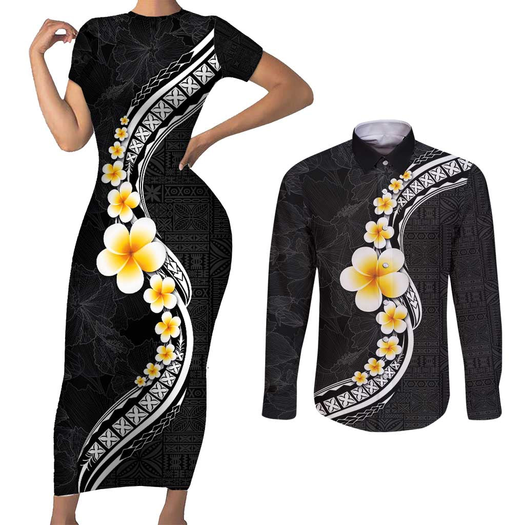 Pacific Hibiscus and Plumeria with Tapa Pattern Couples Matching Short Sleeve Bodycon Dress and Long Sleeve Button Shirt Black Color