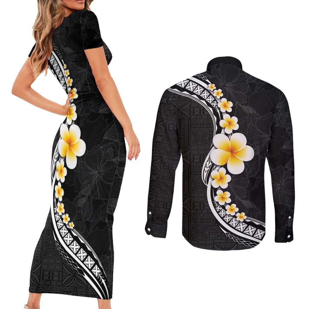 Pacific Hibiscus and Plumeria with Tapa Pattern Couples Matching Short Sleeve Bodycon Dress and Long Sleeve Button Shirt Black Color
