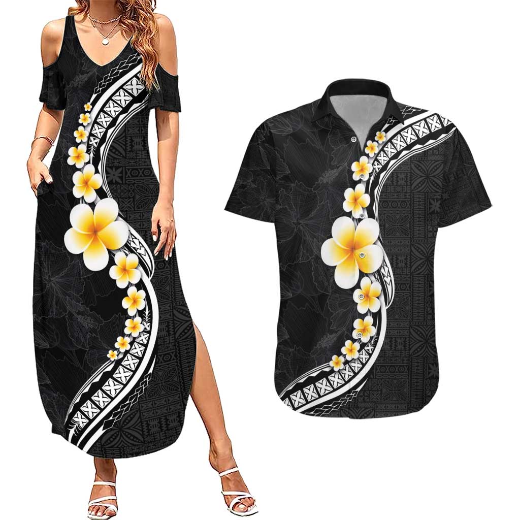 Pacific Hibiscus and Plumeria with Tapa Pattern Couples Matching Summer Maxi Dress and Hawaiian Shirt Black Color