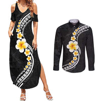 Pacific Hibiscus and Plumeria with Tapa Pattern Couples Matching Summer Maxi Dress and Long Sleeve Button Shirt Black Color